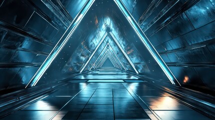 A futuristic corridor with triangular architecture and illuminated pathways.