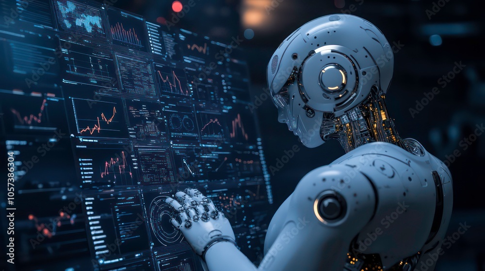 Poster A humanoid robot interacts with a digital display filled with data and graphs.