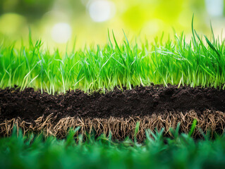 Close-up of vibrant green grass and healthy roots beneath rich soil.