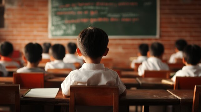 Back view of young students in a classroom with a blackboard in the background. Educational and learning concept