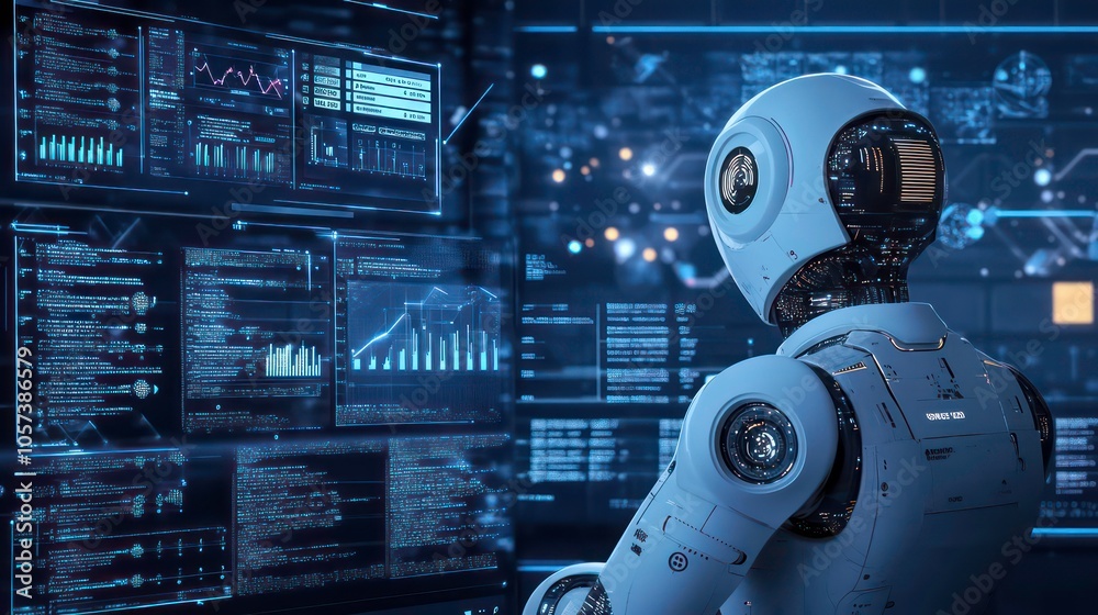 Poster A humanoid robot interacts with a digital display filled with data and graphs.