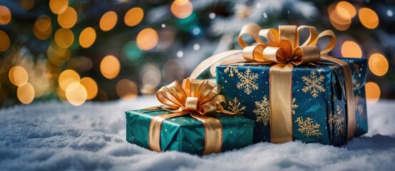 Two presents sitting on the snow with a Christmas tree in the background