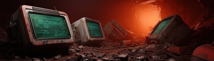 Fototapeta premium A desolate scene featuring abandoned retro computers amidst rubble, illuminated by an eerie orange glow.