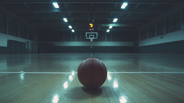 Basketball at Free Throw Line in Empty Gym - Powered by Adobe
