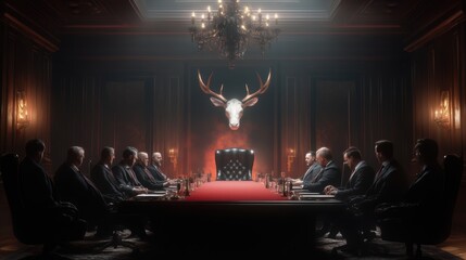 Group of businessmen in a dimly lit boardroom with a stag head mounted on the wall.