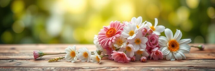 Fototapeta premium flowers on wooden table with a soft focus effect, creating a dreamy and artistic look, romantic, spring