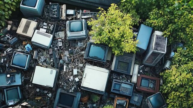 A large collection of discarded electronics, addressing the growing problem of electronic waste	
