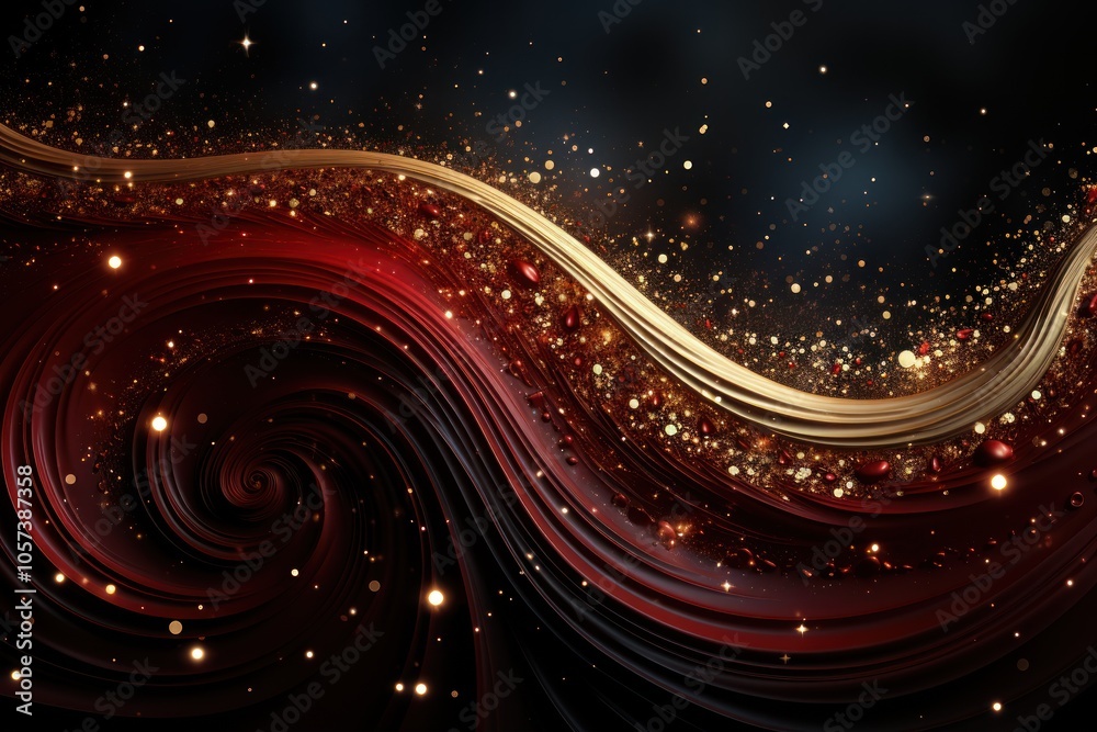 Wall mural abstract swirling design with shimmering gold and red elements against a dark background.