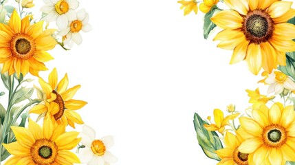 Intricately detailed watercolor border with sunflowers