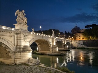 Obraz premium Night Photography of Vittorio Emanuele II Bridge Sculpture in Rome, Italy
