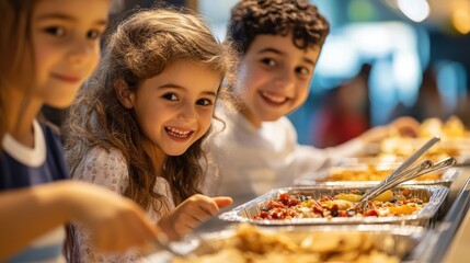 Joyful children selecting their breakfast at a hotel buffet,