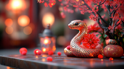 Golden snake on table with festive decorations and lantern, Ney Year 2025 symbol