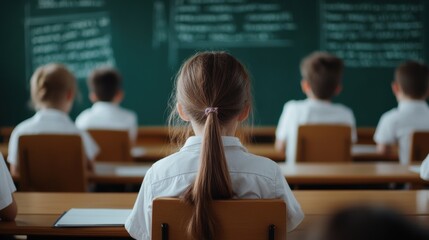 Back view of children sitting at desks in classroom with chalkboard