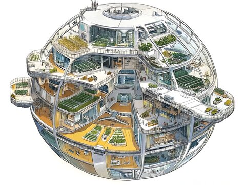 Detailed Cutaway of a Self Sustaining Orbiting Megacity Torus Habitat with Modular Modules and Concentric Living Rings
