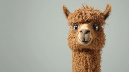 Fototapeta premium Humorous brown furry llama or alpaca with a playful expression, perfect for adding a touch of charm and whimsy. Ideal for creative projects with ample copy space.