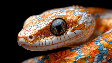 Fototapeta premium Snake with flowers on its skin, dark background