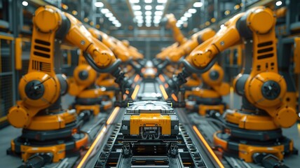 Futuristic Factory: Robots Assemble Products on Conveyor Belt