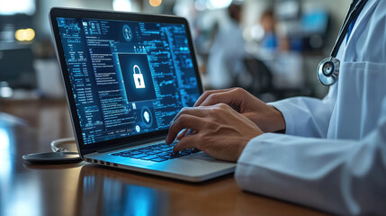 A healthcare worker types on a laptop, emphasizing cybersecurity practices in a medical environment to ensure data safety for patients