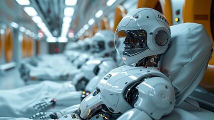 Fototapeta premium Futuristic Robots in a Spacecraft Interior