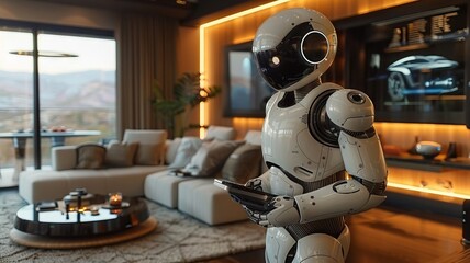 Futuristic Robot in Modern Living Room - AI and Smart Home Technology