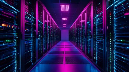 Obraz premium High-tech data center with neon pink and blue lighting