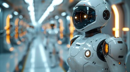 Fototapeta premium Futuristic Robot in a Factory Setting: A Glimpse into the Future of Automation