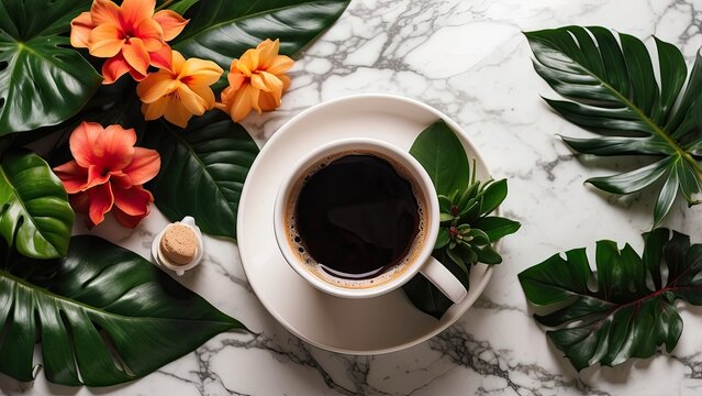 beautiful top view of a hot coffee cup on a flat marble background, with lush tropical plants tastefully arranged on the side to create a calm yet fashionable composition