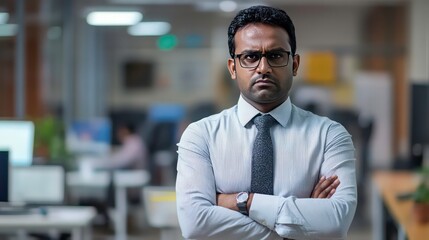 Fototapeta premium A serious man in an office setting, arms crossed, conveying determination and focus.