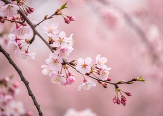 Pink Cherry Blossom Branches on Pastel Pink Background - Tilt-Shift Photography for Spring Aesthetics