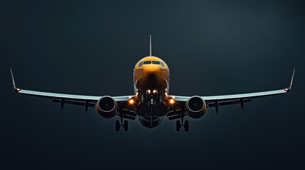 Front view of a commercial airplane with landing gear down, illuminated against a dark sky, highlighting the aircraft's lights and wing details.