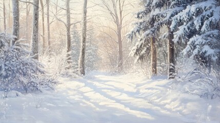 Winter landscape captures the serene beauty of a snow-covered forest, enveloped in fresh snow. This winter wonderland invites tranquility and peace with ample space for creative use.
