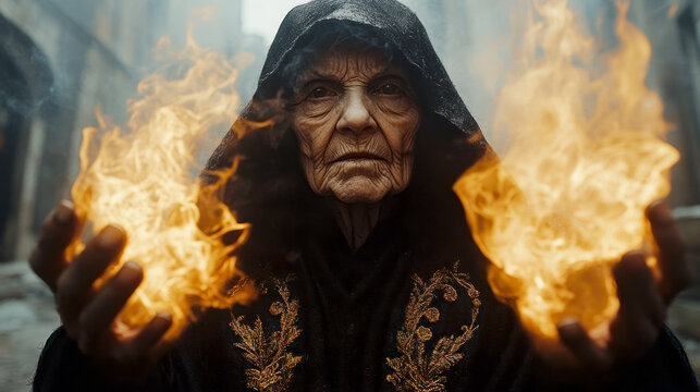 Old witch casting fireballs