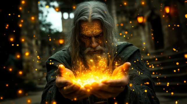 Old sorcerer making charms, fireball forming in his palms