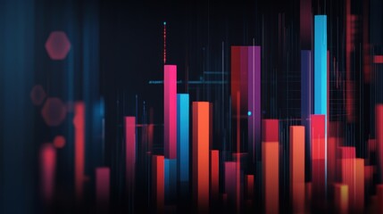 Colorful 3D bar graph with neon effect on dark background, representing data and analytics.
