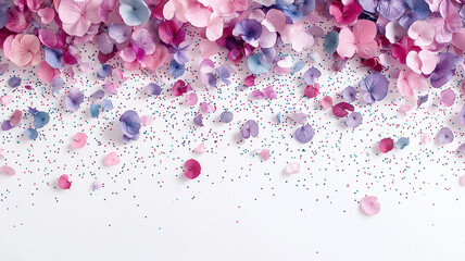 Obraz premium Softly falling pastel confetti and delicate flower petals create whimsical and joyful atmosphere, perfect for celebrations and special occasions