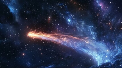 Burning comet tail streaking across the night sky, surrounded by bright stars and deep nebulae generative ai