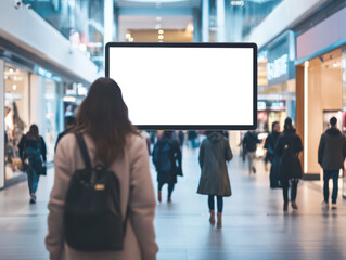 Woman in a busy shopping mall standing near a large blank digital screen.