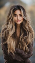 Fototapeta premium A woman with long wavy blonde hair wearing a brown sweater