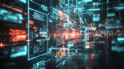 Obraz premium Digital network visualization with floating data blocks