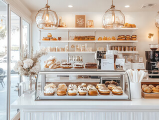 Bright and inviting bakery interior with a display of assorted pastries and elegant decor.