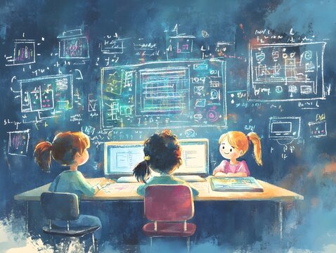 Whimsical Watercolor of Elementary Students Immersed in Captivating Coding Lesson