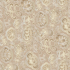 Swirl, hand drawn flowers, paisley pattern, beige colour. Seamless floral pattern-473.
