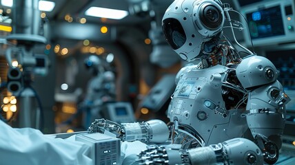 Fototapeta premium Futuristic Medical Robot in Operating Room: AI Healthcare of the Future