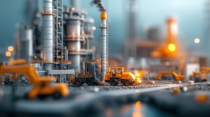 Fototapeta premium Industrial factory with machinery and smoke in blue and orange lighting. Manufacturing and production concept.