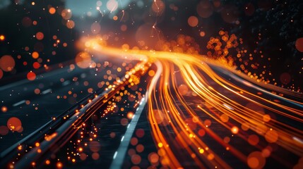 Light trails on a dark road with glowing bokeh