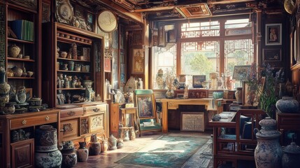 Ornate poster depicting the interior of a traditional Chinese home,
