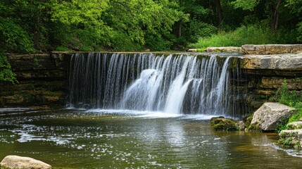 Picturesque limestone waterfall, with cascading water, surrounded