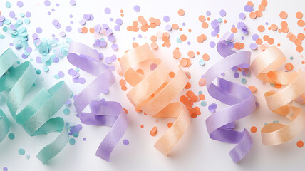 Naklejka premium Colorful confetti and ribbons create festive atmosphere, featuring shades of peach, lavender, and mint. Perfect for celebrations and joyful occasions