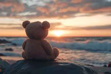 Back view of a teddy bear sitting on a stone and looking at the sea with a sunset sky in the background, Generative AI