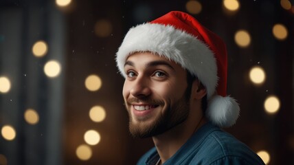 Man wearing a Santa hat smiling joyfully